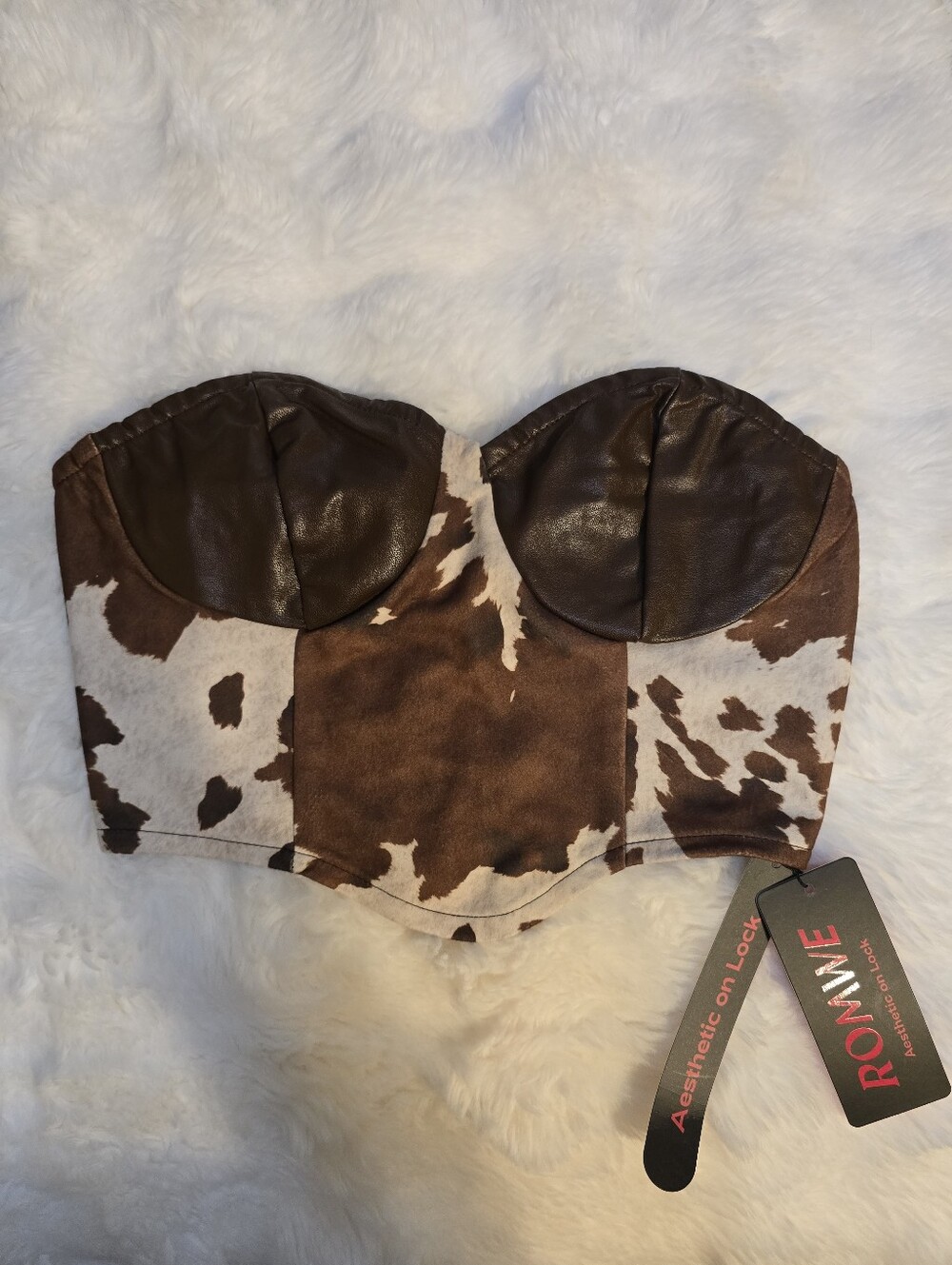 ROMWE Brown and White Cowhide Strapless Bustier Crop Top